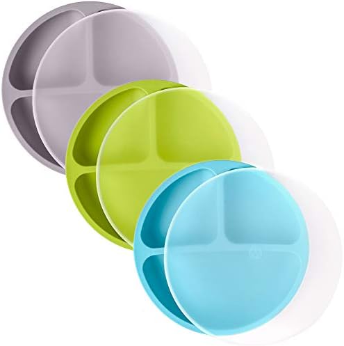 WeeSprout Non-Suction Silicone, Plastic Dishware Plate (With Lids), Food Grade for Toddlers, Kids, Dishwasher and Microwave Safe (Bright Green, Blue & Grey, Small)