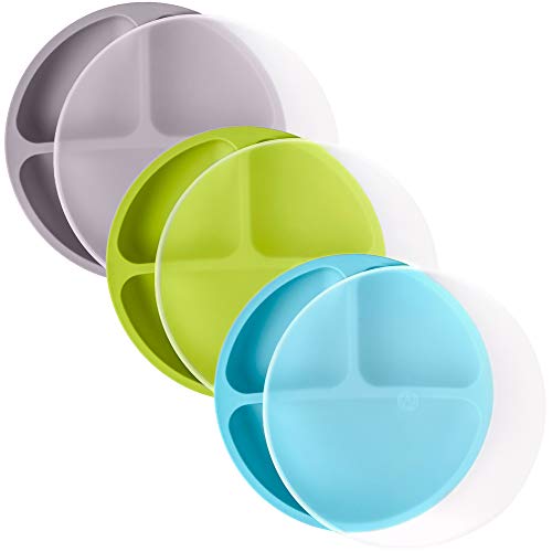 Weesprout Non-Suction Silicone, Plastic Dishware Plate (With Lids), Food Grade For Toddlers, Kids, Dishwasher And Microwave Safe (Bright Green, Blue & Grey, Small) #TOP15