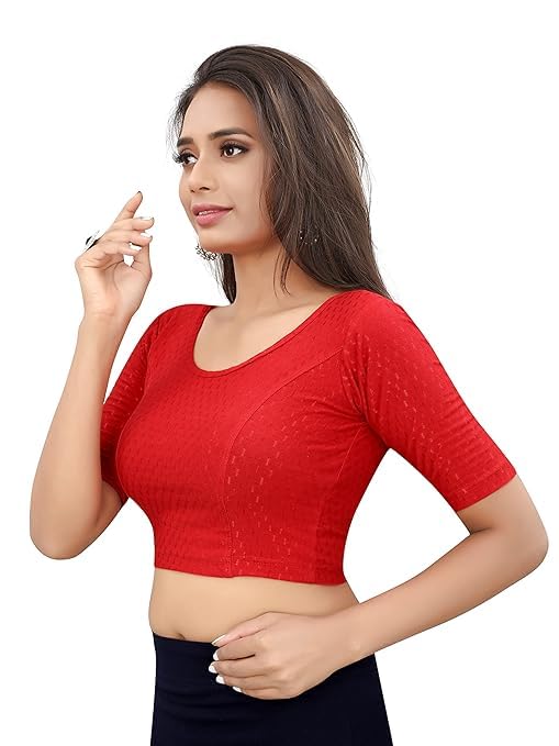 Image of Round Neck Dobby Cotton Lycra Stretchable Elbow Sleeve Readymade Saree Blouse for Women Stylish