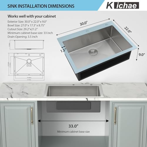Image of Kichae 30 Inch Drop In Kitchen Sink - Stainless Steel Kitchen Sinks with Wide Lip 30x22x9 Inch Drop In Topmount Overmount Single Bowl Handmade Basin