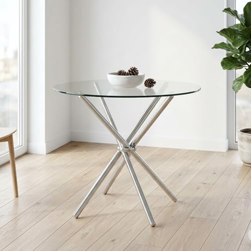 Image of Round Glass Dining Table 30 Inch Diameter with 10 mm Toughened Clear Glass Top Folding Stainless Steel Grade 202 Frame Compact Space Saving Table for Kitchen Dining Room Balcony Cafe (Steel finish)