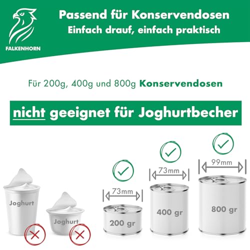 Falkenhorn Dosendeckel für Tierfutter – 2x 200g/400g & 2x 800g Hundefutter & Katzenfutter Dosen – Lebensmittelecht, Spülmaschinenfest, Wiederverwendbar, Made in Germany – Frische & Geruchsbindung