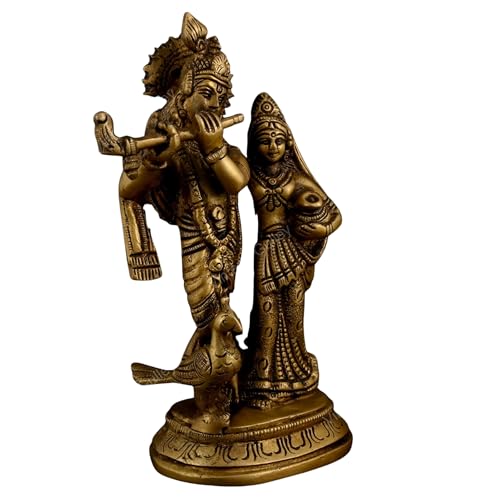 Image of 100% Pure Brass Radha Krishna Murti 15 cm | Radhe Krishna Statue for Pooja Room & Home Temple | Divine Couple Idol for Home Decor | Spiritual Gift Item