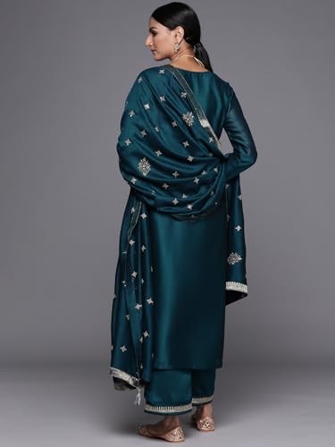 Image of Libas Womens Embellished Silk Blend Straight Kurta With Palazzos and Dupatta