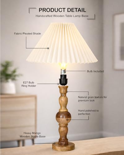 Image of Homesake Wooden Bubble Design Table Lamp for Bedroom & Living Room | Home Decor Lighting | Nightstand Lamp | Reading Lamp | Vintage | Minimalist | Modern Bedside Lamps, (Pleated Off-White)