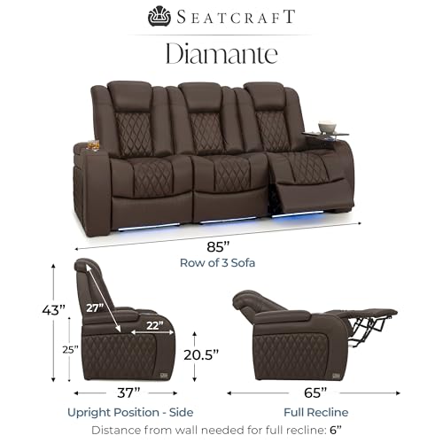 Seatcraft Diamante Zero-Gravity CoolZero Italian Leather Home Theater Seating, Power Headrest, Power Recline, Row of 3 Sofa, Brown - Image 3