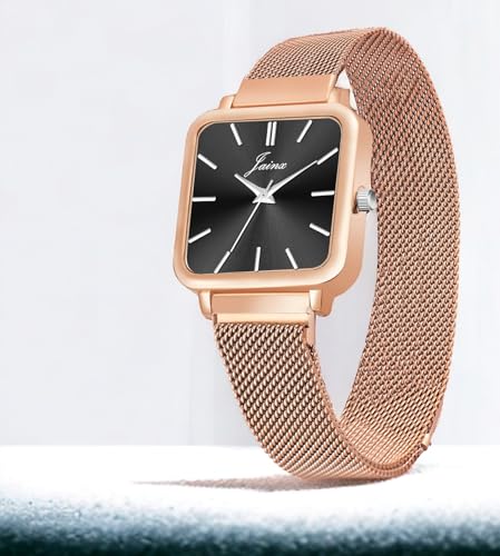 Image of jainx Square Dial Rose Gold Mesh Chain Analog Wrist Watch for Women (Rose Gold /Brown /Black /Silver /Green Color Dial)