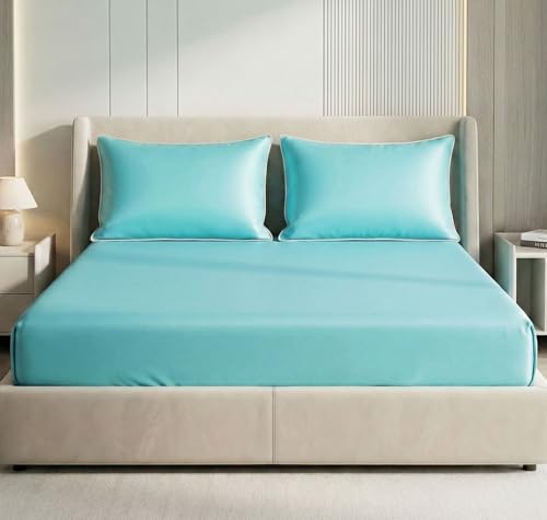 Image of SanMarino Luxury Satin 360 Fitted King Size Bedsheet with 2 Pillow Covers | 300 TC Silky Smooth Satin Bed Sheet | Wrinkle-Resistant Deep Pocket Elasticated Bedsheet | 78 x 72 + 10 Inches (Aqua Blue)