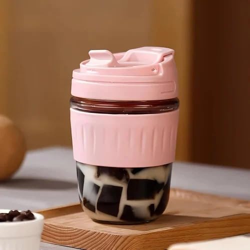 Image of Leak Proof Glass Travel Coffee and Juice Mug with Lid & Straw, Anti-Slip Silicone Band, Glass Travel Coffee Cup with Silicone Sleeve and Lid, Pink, Reusable Mug.