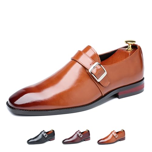 Men's Leather Monk Strap Loafers Fashion Classic Pointed Toe Slip On Low Top Chelsea Formal Business Dress Oxford Shoes