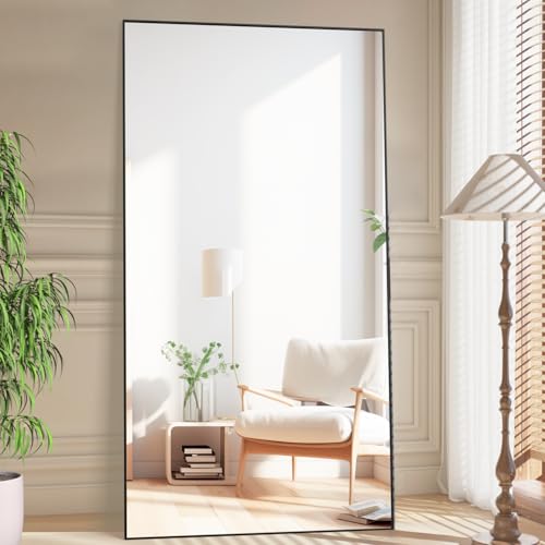 CASSILANDO Espejo de pie de 193 x 86 cm, Espejo Grande, Espejo de pie, contra la Pared para Dormitorio, Revestimiento y Marco Fino montado en la Pared, Color Negro