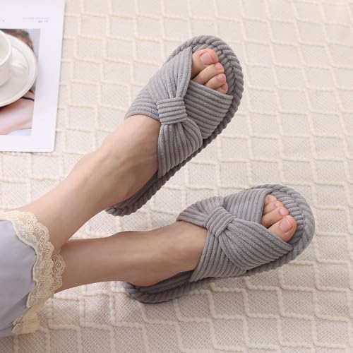 Image of Evshine Summer House Slippers for Women Corduroy Cross Bow Indoor Slippers Open Toe Slip On Bedroom Shoes with Memory Foam