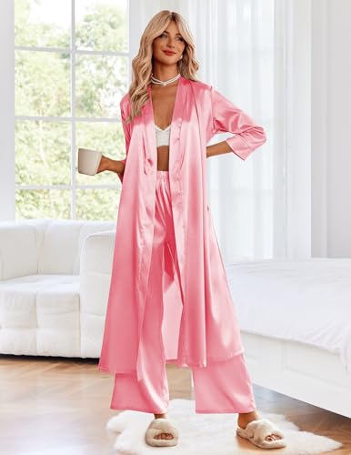 Image of Ekouaer Silk Robes for Women Long Satin Bride Bridesmaid Wedding Party Robes Lightweight Sexy Sleepwear with Pockets