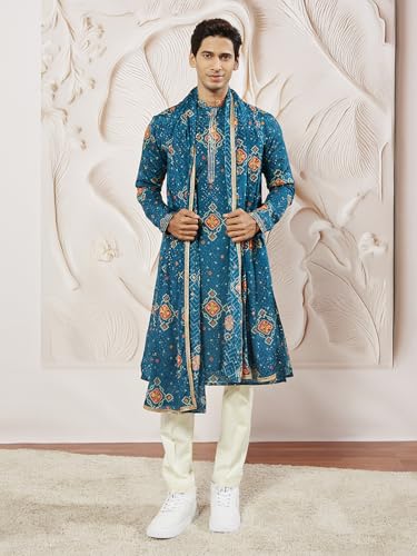 Image of VASTRAMAY Men Men's Turquoise Chinon Kurta Pyjama And Dupatta Set For Men.