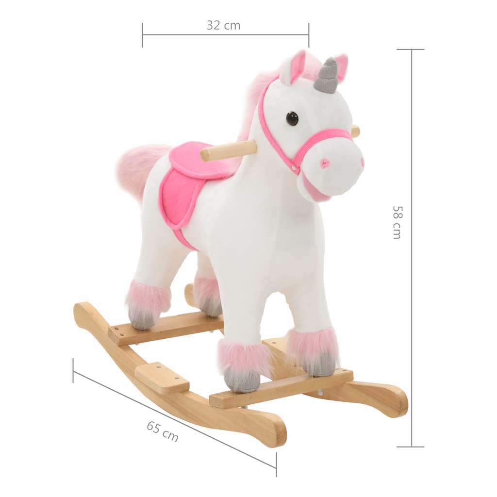 Schaukeltier Einhorn Plüsch Weiß und Rosa mit Holzsockel 65x32x58 cm für Kinder ab 24 Monaten, Schaukelpferd Reittier mit stabilem Metallrahmen und weicher Polsterung