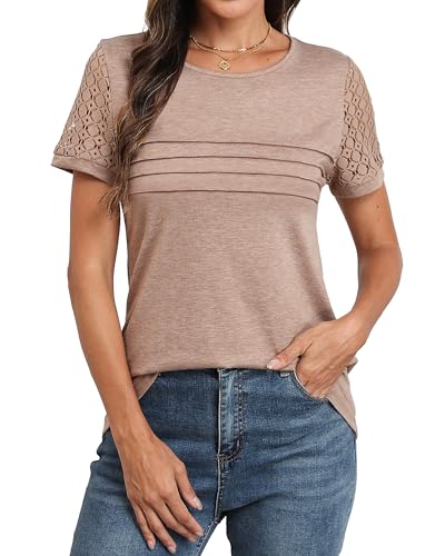 Memorose Womens Short Sleeve Shirts Lace Dressy 2026 Spring Summer Tops Trendy Vacation Casual Work Blouses Khaki L
