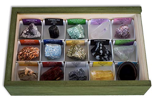 Colección de 15 Minerales de América en Caja de Madera Natural   Minerales Reales educativos con Etiqueta informativa a Color. Kit de Ciencia de Geología para niños.