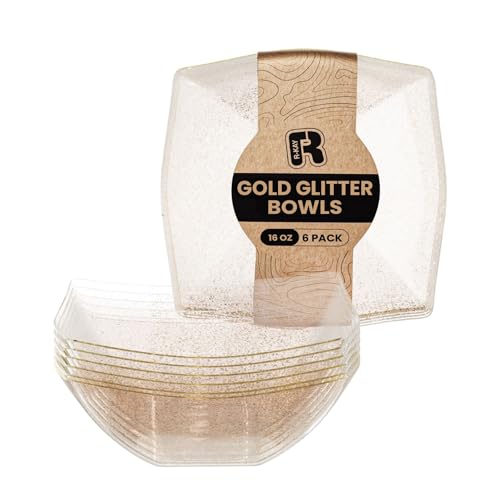 R-kay 6 Pack Gold Glitter Plastic Serving Bowls -16 Oz Gold Plastic bowls 16 Oz - Disposable Serving Bowls Heavy Duty For Weddings Catering And Birthday parties