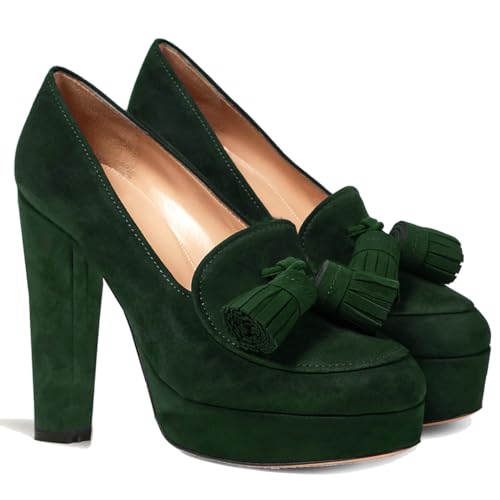 Image of SHODENSE Women Vintage Chunky Platform Loafers Pumps Tassel Round Closed Toe Slip On Suede Block High Heel Dress Loafer Shoes Buckle Strap Oxford Loafers Fringe Pump Dressy Chic Sexy Y2k 4-11 M US