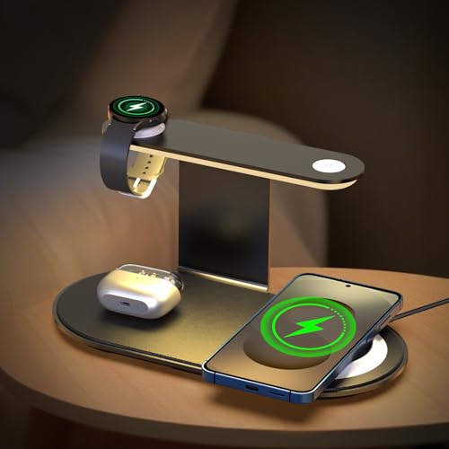 Aluminum 4-in-1 Charging Station for Samsung/Android with 3-Level Night Light, 18W Wireless Charger for Galaxy S25 Ultra/S24/S23/S22/Note 20,Galaxy Watch Ultra/8/7,Galaxy Buds 3 Pro(Black)