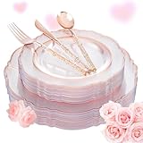 Liacere 150PCS Rose Gold Plastic Plates - Clear Rose Gold Disposable Plates with Glitter Bamboo Handle Cutlery - 60 Baroque Elegant Plates, 30 Forks, 30 Spoons, 30 Knives for Thanksging day&Chrismas