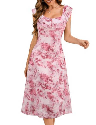 Meetjen Women's Summer Floral Midi Dress 2025 Ruffle Boho Sundresses Flowy Mesh Beach Wedding Guest Dresses