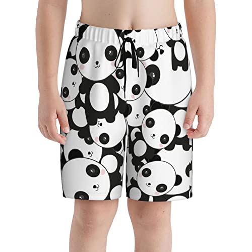 Midaivu Cartoon Panda Boys Swim Trunks with Compression Liner Quick Dry Swim Shorts Teen Beach Trunks S