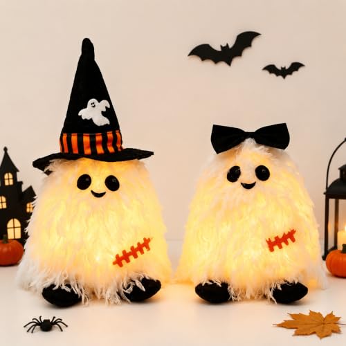 Light Up Halloween Ghosts, 2 Pack Cute Indoor Halloween Decorations | Battery Operated LED Ghost Figurines, Warm Glow, Witch Hat & Bow Details, Spooky Cute Tabletop, Mantel & Shelf Decor - image 1