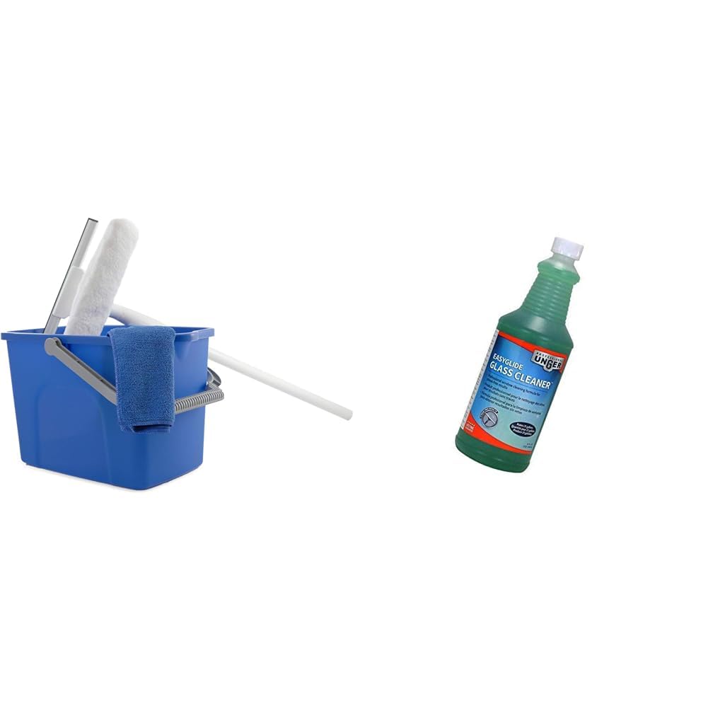 Kit básico para lavado de ventanas UNGER con microfibra combinada 2 en 1 de 10", varilla de 3 pies, paño y cubeta + limpiador de vidrios concentrado EasyGlide sin marcas de 32 oz