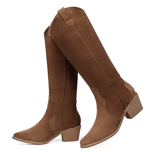 Image of SHIBEVER Cowgirl Boots Knee High: Womens Western Cowboy Boots Wide Calf Brown Low Heeled Put on Suede Tall Booties Size 10.5