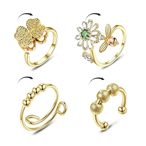 4Pcs Anti Angst Ringe Für Frauen Einstellbar Offenen Ring Drehbar Zirkonia Perlen Stress Relief Spinner Ringe Für Angst (Gold) Cover