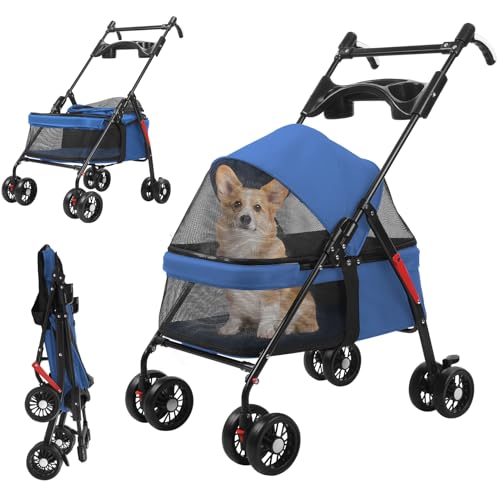 Tneukoom Foldable Pet Stroller for Small Dogs & Cats Under 22lbs - 4-Wheel Jogger with Shock Absorbing Wheels, Breathable Mesh & Sunshade - Compact Travel Carrier with Storage Bag Blue
