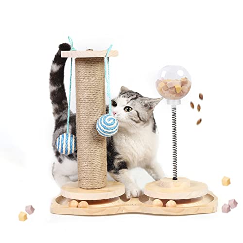 Marchul Interaktives Katzenspielzeug Aus Holz, 4 in 1 Katzenspielzeug mit Hängenden Ball, Katzen Intelligenzspielzeug mit Rotierender Kugel, Katze Sisal Seil Kratzbaum