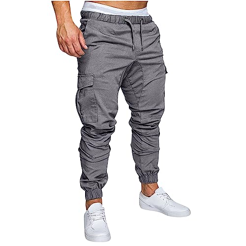 Cargo Pants for Men Regular Fit Drawstring Slacks Tapered Cotton Elastic Waist Multi Pockets Solid Sweatpants