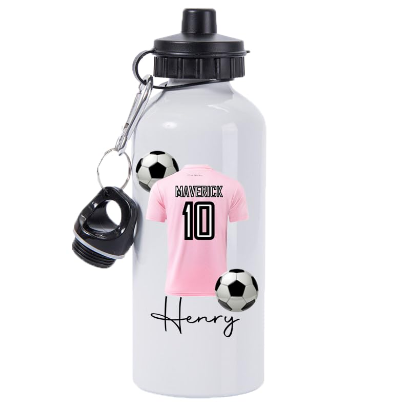 Pickhut Personalised Football 600ml White Aluminium Sports Water Bottle Back to School Gift for Kids, Customised with Name/Number/Text with Football Shirt Pink Jersey Kit (D25) โ image 1