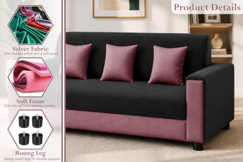 Image of 3 Seater Wooden Sofa | Velvet Fabric Couch with Cushions | Comfortable Living Room Sofa | Sturdy Wooden Frame | Home & Office Furniture | Black & Rose Pink