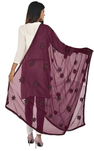Image of YOUTHQUAKE Flower Embroidered Diamond Work Chiffon Dupatta for Womens & Girls With 4 Side Lace