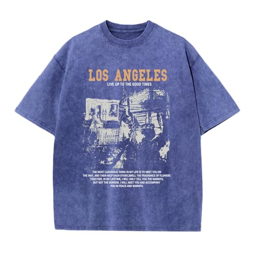 Image of Oversized Boys Graphic Tees Acid Wash Los Angeles Tshirt Youth Cotton T Shirt Crewneck Tee Kids Short Sleeve Tops