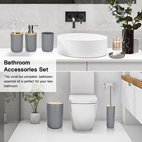 JOTOM 7 Pieces Bamboo Bathroom Accessories Bathroom Accessory Set Luxury Modern Plastic Bath Set Toothbrush Holder Tumbler Qtip Holder Toilet Brush Set Soap Dish Trash Can Soap Dispenser Gift (Grey) - Image 4