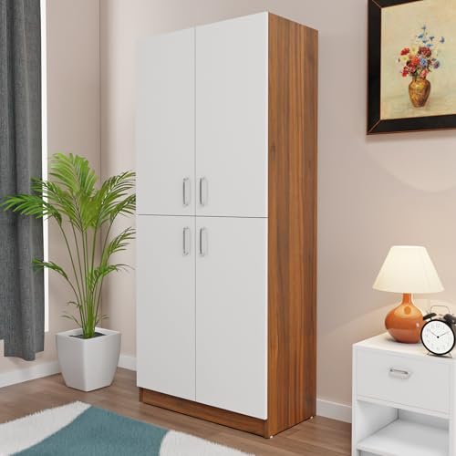 Image of VIKI Wardrobe | Wooden Almirah for Open Shelves with 4 Small Door Wardrobe (Walnut |White - 40D x 80W x 180.8H) | 1 Year Warranty | Free Assembly