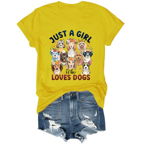 Camiseta con texto en inglés "Just A Girl Who Loves Dogs", unisex, amarillo, M Camiseta con texto en inglés "Just A Girl Who Loves Dogs", unisex, amarillo, M