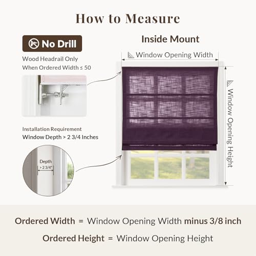 Image of TWOPAGES Liz No Drill Cordless Roman Shades Linen Textured Roman Blinds for Windows, Custom Made Room Darkening Blackout Roman Window Shades, Hardware Included, Plum, 1 Piece
