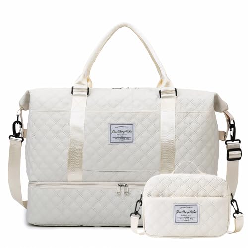 Travel Duffle Bag,Weekender Bags for Women with Shoe Compartment，Carry on Overnight Bag with Toiletry Bag,Gym Duffel Bag with Wet Pocket, Hospital Bags for Labor and Delivery (Beige-Large-3 Pcs)2