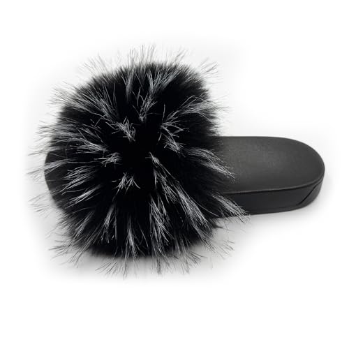 Image of Women's Faux Fur Slides Slippers Fluffy Fuzzy Sandals Open Toe Furry Slide Flip Flop Indoor Outdoor