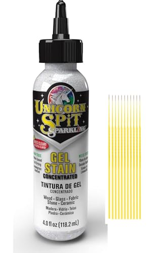 Unicorn SPiT Gel Stain and Glaze Sparkling Iced Egret 4 oz - Water-Based and Non-Toxic - Wood Glass Fabric Stone and Ceramic - with Trebbies Detail Sticks