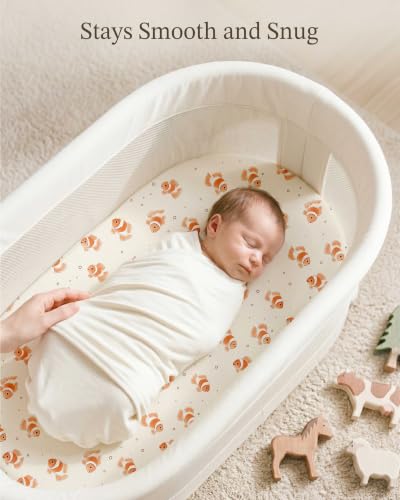 Image of Bassinet Sheets for Baby Girls Boys 2 Pack, Fitted Baby Mattress Sheet for Rectangle, Oval, Hourglass Bassinet Mattress, Breathable Cozy & Universal Fit (Nemo Dots, Bassinet Sheet)