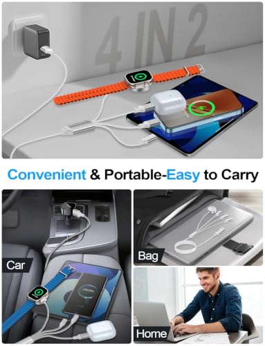 Image of Multi Charging Cable for Apple Watch Charger /iPhone /Samsung Charger,Type C /Lightning /iWatch /Micro Charger Cord for iWatch Ultra /10-2 /iPhone /Galaxy /Airpods,Travel Essentials[1.5M]-White