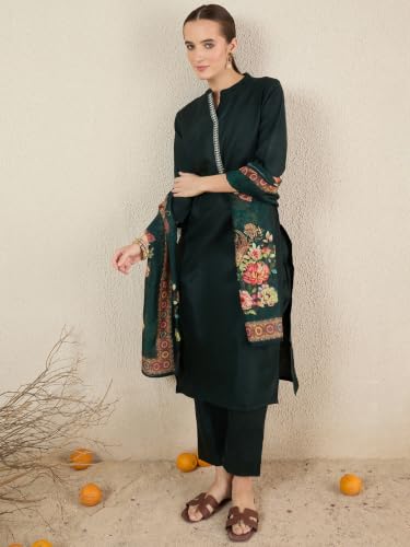 Image of INDO ERA Women's Straight Cotton Blend Ethnic Motifs Embroidered Kurta Pant With Dupatta Set