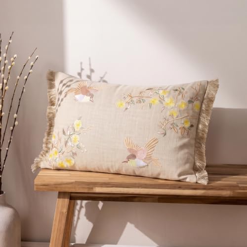 Image of haus & kinder Cushion Cover 12 x 18 Inch | Embroidered Decorative Cushion Cover for Sofa, Bed & Home Decor | Meadowbrook Wing Beige | Pack of 1