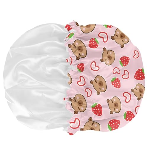 Image of Kids Sleep Cap for Sleeping Beanie Night Hat with Elastic Wide Band Sleeping Cap Cute Capybara Print Satin Bonnet Beanie Hats Pink Strawberry Headwear for Curly Hair
